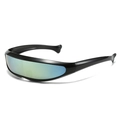 Detail of sci-fi cycling sunglasses featuring black frame and colorful gradient lenses - Black Frame Gold Mirror Lens