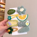 Handcrafted cartoon hair clips set featuring knitted flowers and felt orange fruit shapes - 458 Green Lemon 8pcs Set