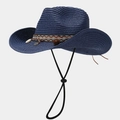 Detail of navy blue straw cowboy hat with ethnic embroidery and seashell tassels - Navy Blue