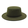 Macro shot of dark green wool felt flat top boater hat showing fine texture and brim - M (56-58cm) / Army Green