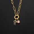 Gold stainless steel necklace with script R heart pendant and pink square gemstone - Letter R (XNL0097)