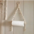 Detailed macro view of handmade macramé tissue holder with woven cotton cord and wooden rod - White Tissue Holder 45*30cm