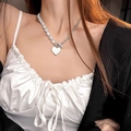 Elegant half pearl and silver chain necklace with a large white heart pendant - Heart Pendant Patchwork Artificial Pearl Necklace (X1195) / Silver