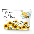 Linen makeup bag with Sweet as Can Bee print and sunflower bee gnome illustration - Sweet Bee