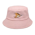 Detail of light pink bucket hat with cute bear print emerging from a zipper detail - M (56-58cm) / Pink