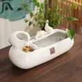White ceramic flowing water tabletop fountain with two small ducks and pebbles - Lucky Wealth - Long White Style