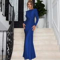 Close-up of elegant royal blue evening gown featuring waist ruching and knot detail - S / Blue
