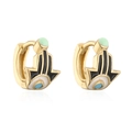 Detailed view of gold-plated Hamsa Hand hoop earrings with colorful enamel and Evil Eye - Green Hamsa Hand / Gold