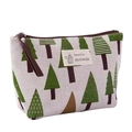 Canvas makeup bag in beige with green and brown tree patterns and a brown zipper - Jenny J. Tree
