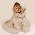 Close-up of beige hooded baby bath towel in soft breathable four-layer cotton gauze - Khaki