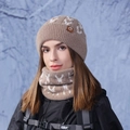 Winter warm knitted beanie hat and neck gaiter set in tan brown jacquard pattern - Khaki