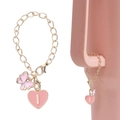 Pink heart and butterfly charm chain with gold letter I pendant for water cups - Butterfly + Letter Charm / Pink Heart Letter I