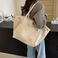 Quilted beige canvas tote bag with metal rivets and large front pocket for women - Quilted Grid / White