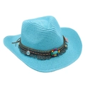 Detailed close-up of a turquoise blue woven straw cowboy hat with ethnic beaded band. - Lake Blue