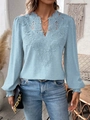 Detailed close-up of Swiss dot fabric and V-neck lace patchwork on light blue blouse - S / Tops / Blue