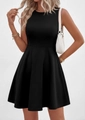 Macro detail of a sleeveless black A-line mini dress with a clean round neckline finish - S / Black