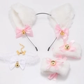 White plush cat ear headband set with pink bows, bells, wristbands and lace choker - Solid White Cat Ears + Wristbands + Choker