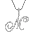 Macro view of iced out letter M pendant with zircon stones on a silver rope chain - M / Silver (Pendant Only)