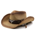 Detail of western straw hat featuring a metal bull skull emblem and leather band - M (56-58cm) / Khaki Coffee