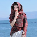 Bohemian paisley print red shawl with fringe worn by woman at the seaside - 200cm / Power Paisley-Wine Red