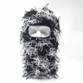 Black and white distressed knit balaclava mask with fringe and fuzzy texture for winter - One Size / Black & White