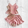 Conjunto de pijama de satén floral de dos piezas con camisola y pantalones de volantes - 3XL / Cereza Rosa