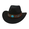Détail d'un chapeau de cow-boy noir avec bandeau brodé et pierre turquoise sertie - Taille unique / Noir (Bande en cuir brodée marron)