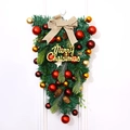 Umgekehrter Weihnachtsbaum-Kranz mit roten Kugeln und goldenem Frohe Weihnachten Schild - Leinenschleife Stil B