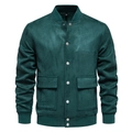 Détail du blouson aviateur en daim vert foncé avec boutons-pression et poignets côtelés - S / Vert