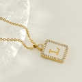 Gold plated square pendant necklace with letter L and micro pave zircons - Gold-L