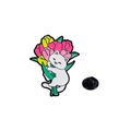 Cartoon Emaille Pin mit weißer Katze und Tulpen sowie schwarzem Gummiverschluss - Weiße Katze mit Tulpe