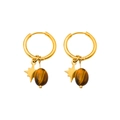 Gold star drop earrings featuring tiger eye stone pendants with titanium steel hoop - Tiger's Eye