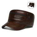 Dark brown leather flat cap for men with decorative zipper and foldable earflaps - Zipper Flat Top Cap Light Coffee
