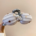 Pinza per capelli a fiocco a righe marroni con pompon e perla per capelli folti - Fiocco in Tessuto a Righe Con Perla (6# Molletta - Bianco) / Bianco