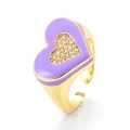 Anillo ajustable dorado con gran corazón de esmalte violeta y pequeño corazón con cristales - Abierto Ajustable / Morado