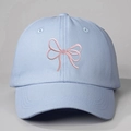 Light blue cotton baseball cap with pink double bow embroidery and adjustable back strap - Sky Blue