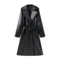 Women's black long PU leather trench coat with lapels and belted waist in classic style - XS / Tops / Black
