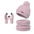 Conjunto de invierno rosa con gorro de pompón, bufanda y guantes táctiles de mujer - Set de 3 piezas / Rosa