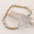 Bracciale bicolore in acciaio con perline e ciondolo a croce traforata con strass lucidi - Croce di Strass Cava Bicolore (KB56176-Z)