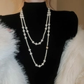 Elegant double-layered long pearl necklace with sparkling gold diamond-set bead detail - Gold Double Layer Pearl Necklace with Pave Bead