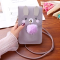 Purple PU leather crossbody phone bag with cute bunny design and matching purple fur ball charm - Purple