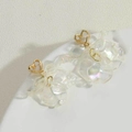 Detailed close-up of iridescent flower petal earrings with a golden heart-shaped clasp - Iridescent Transparent Heart Petal Drop Earrings (ES2419-2)