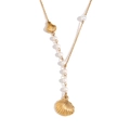 18K gold plated stainless steel Y-necklace with seashell pendants and imitation pearls - Faux Pearl Shell Pendant Necklace - Gold