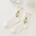 White cotton mesh socks with cute girl embroidery in Japanese style crew length design - One Size / Fairy Green