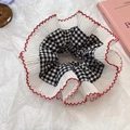 Lace scrunchie with black and white plaid, white pleats and red wavy trim details - Red Scalloped Edge - Black Checkered