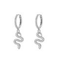 Silver snake hoop earrings with sparkling crystal pavé on a white background - Style I Curved (White Gold)