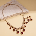 Vintage gold necklace and earring set with dark red square gems and fringe tassels - 2-Piece Necklace & Earrings Set / Red