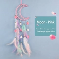 Pink moon-shaped dreamcatcher with colorful feathers and white beads, 65cm long - Moon - Finished / With LED Lights / Pink