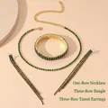 Detailed set of gold plated emerald rhinestone necklace bracelet and fringe earrings - Gold Base Green Rhinestone 3-Piece Set