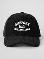 Detail of black corduroy texture and white Support Day Drinking embroidery on baseball cap - Black